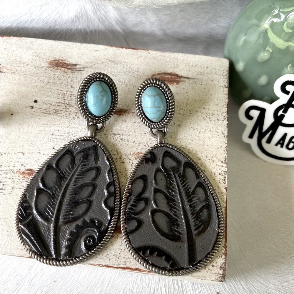 Turquoise Stone Tooled Earrings